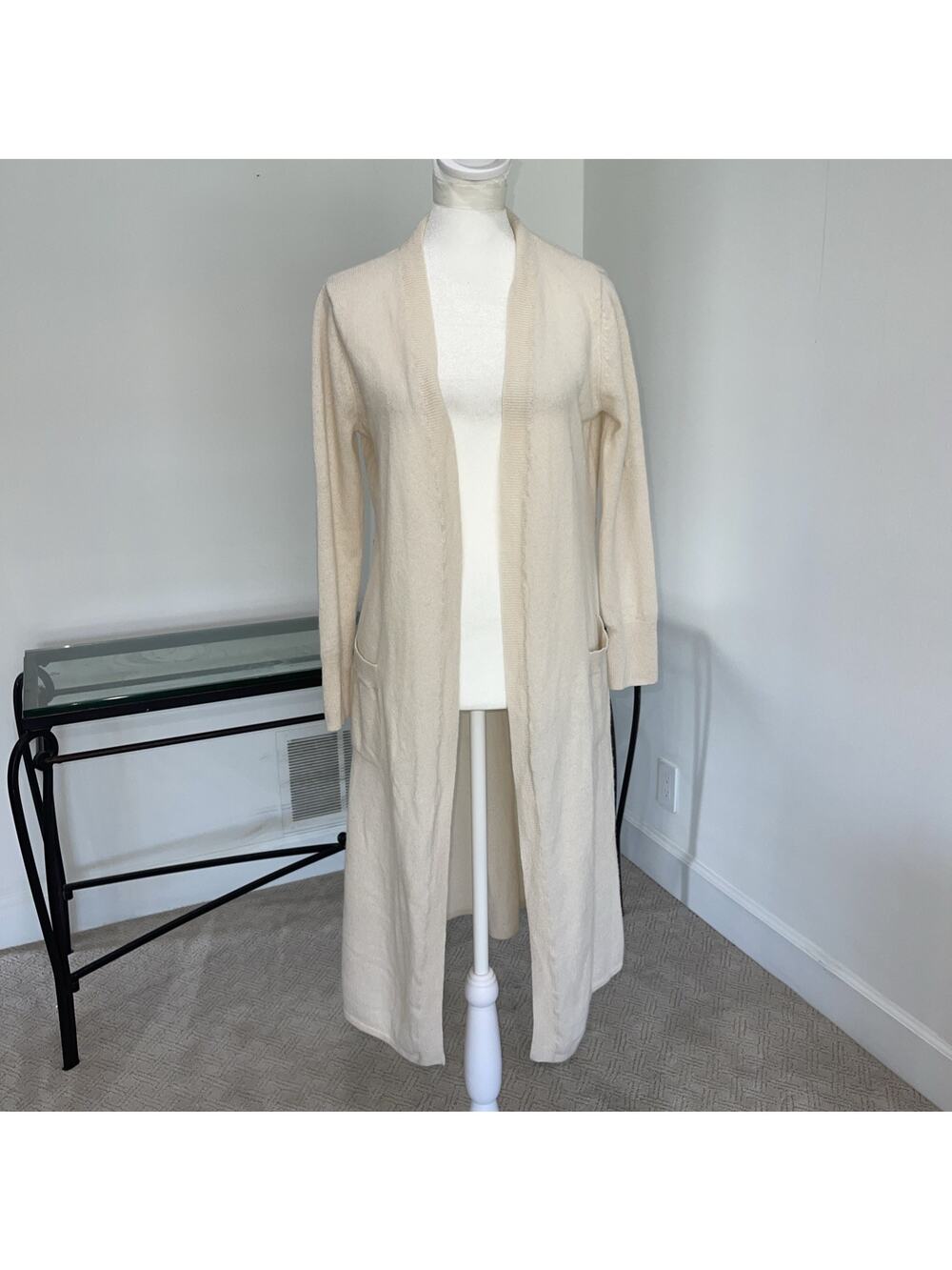 Nordstrom 100% Cashmere Duster Robe Light Weight Beige Pockets Size Small FLAW